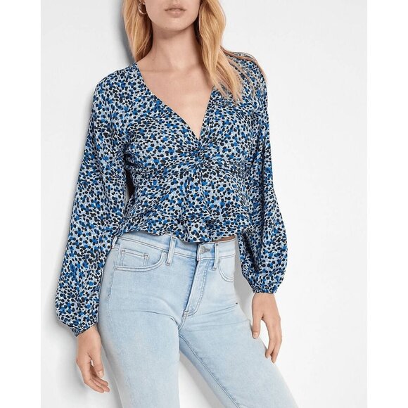 Express Blue Floral Long-Sleeve Cropped Blouse With Ruched Bust Size Large - Picture 1 of 15
